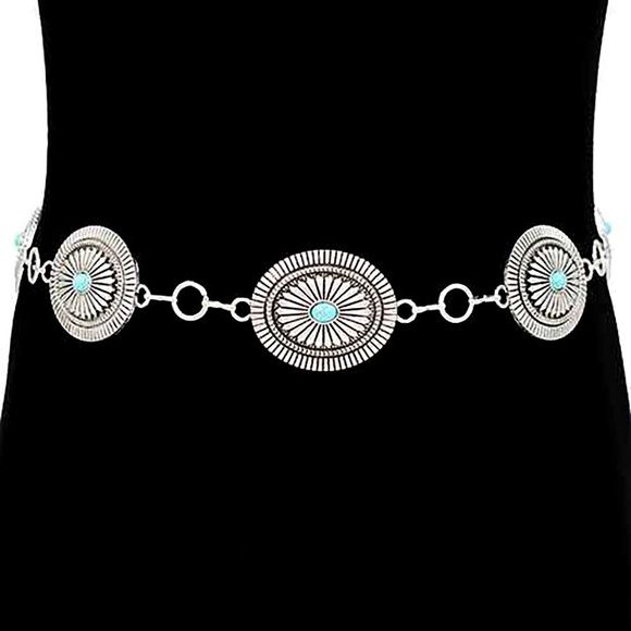 Silver Boho Vintage Western Turquoise Stone Concho Statement Belt - Picture 1 of 3